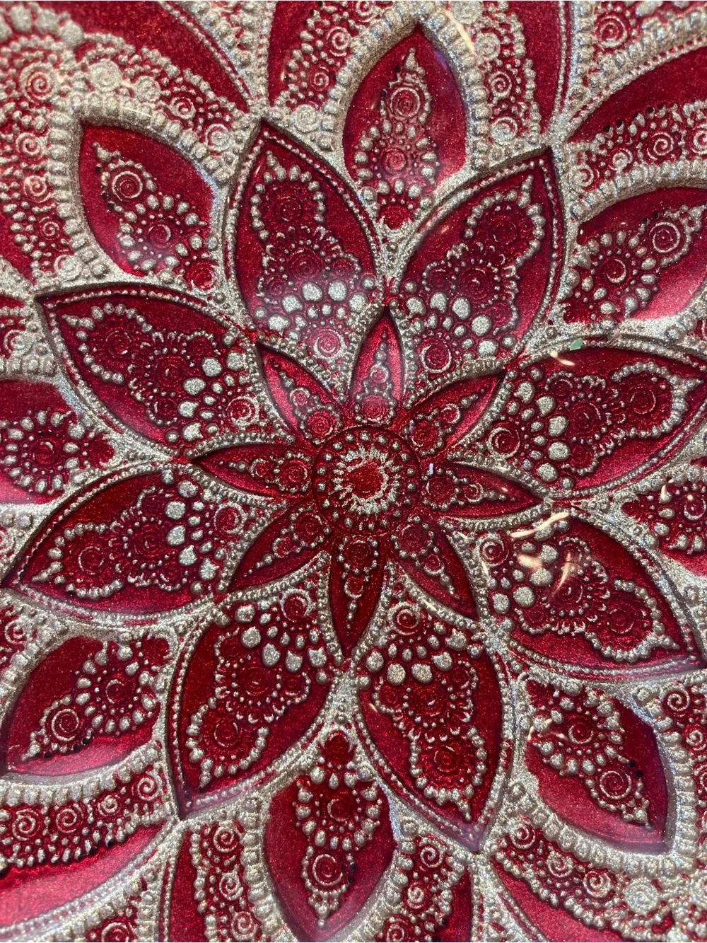 Decorative Red and Gold Glass Bowl with Embellished Ornaments